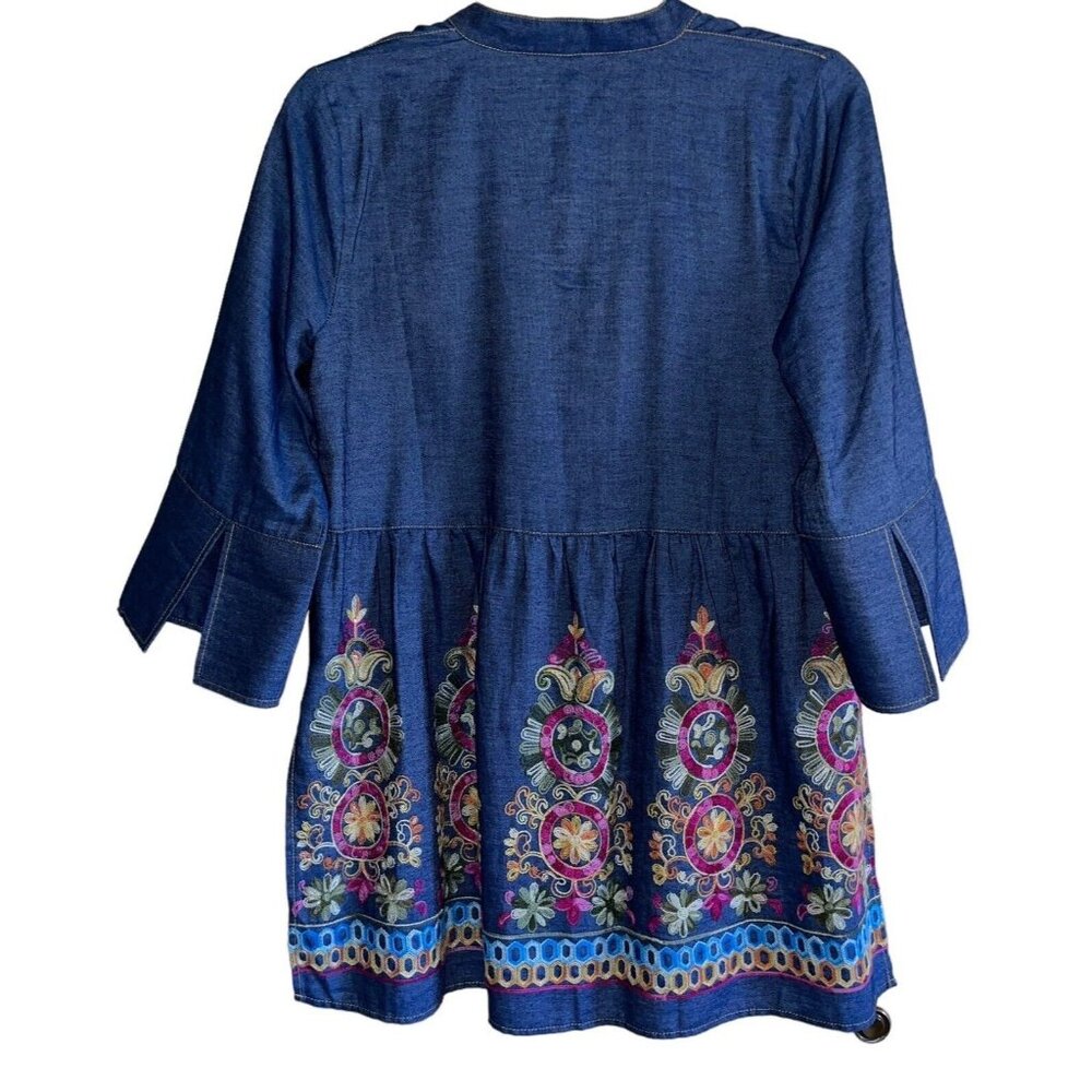 Anthropologie Uncle Frank Blue Denim Embroidered BOHO Split Neck Peasant Top SM - Picture 13 of 13